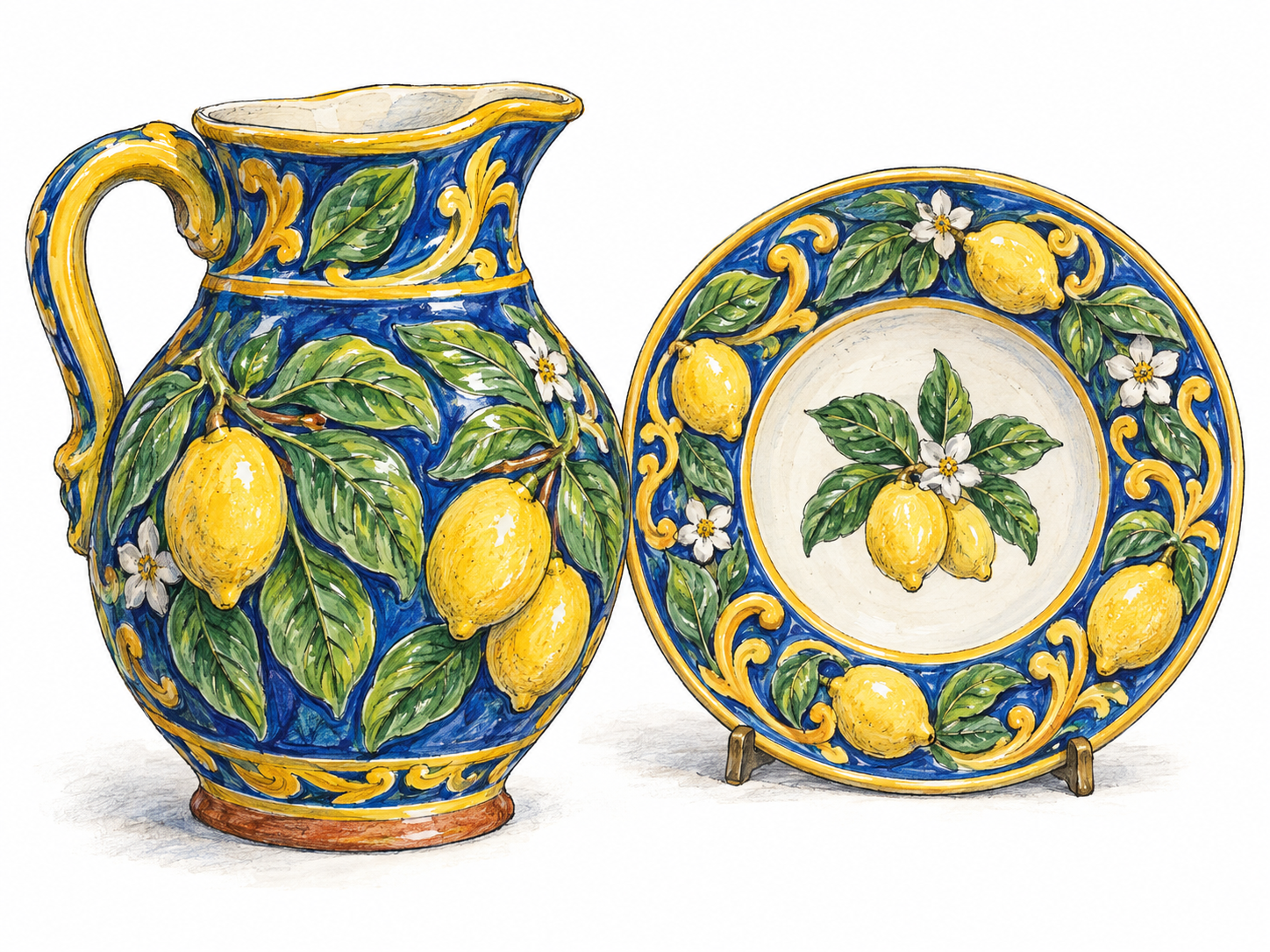 A vividly glazed majolica pitcher and matching plate, with raised botanical decoration and a small exposed terracotta foot showing the earthenware body.