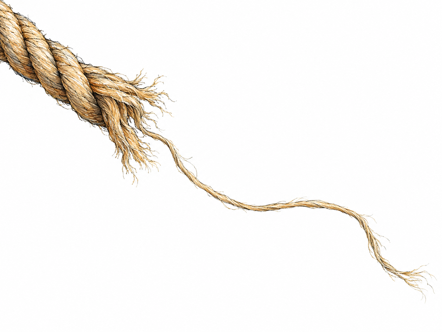 A short frayed piece of natural rope with one thin continuous fiber drawn apart from the bundle, isolated against white so its single length is immediately readable.