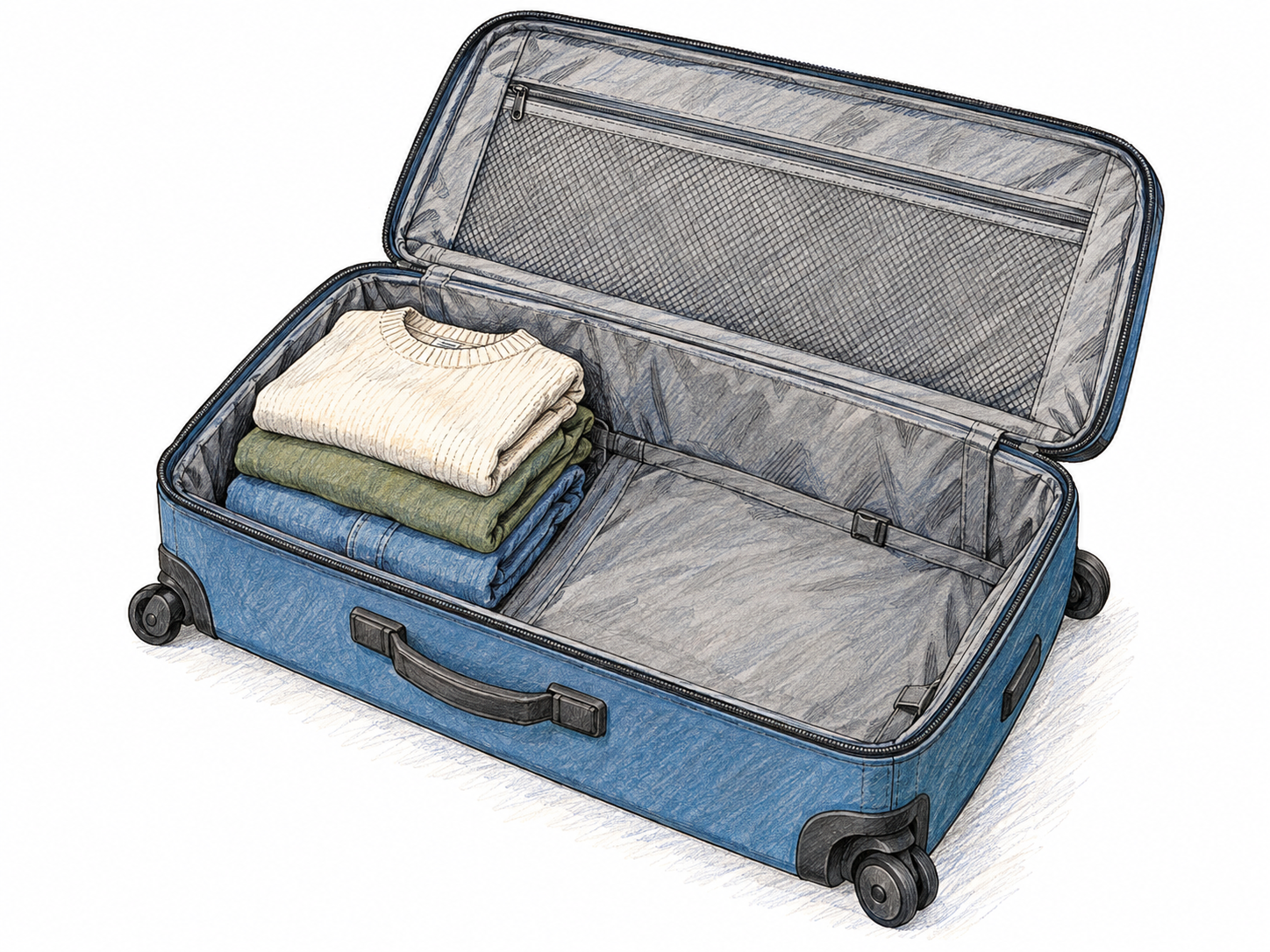 A small collection of folded clothes occupies only one end of an open, spacious suitcase, leaving most of its interior empty: ample room for everything packed.