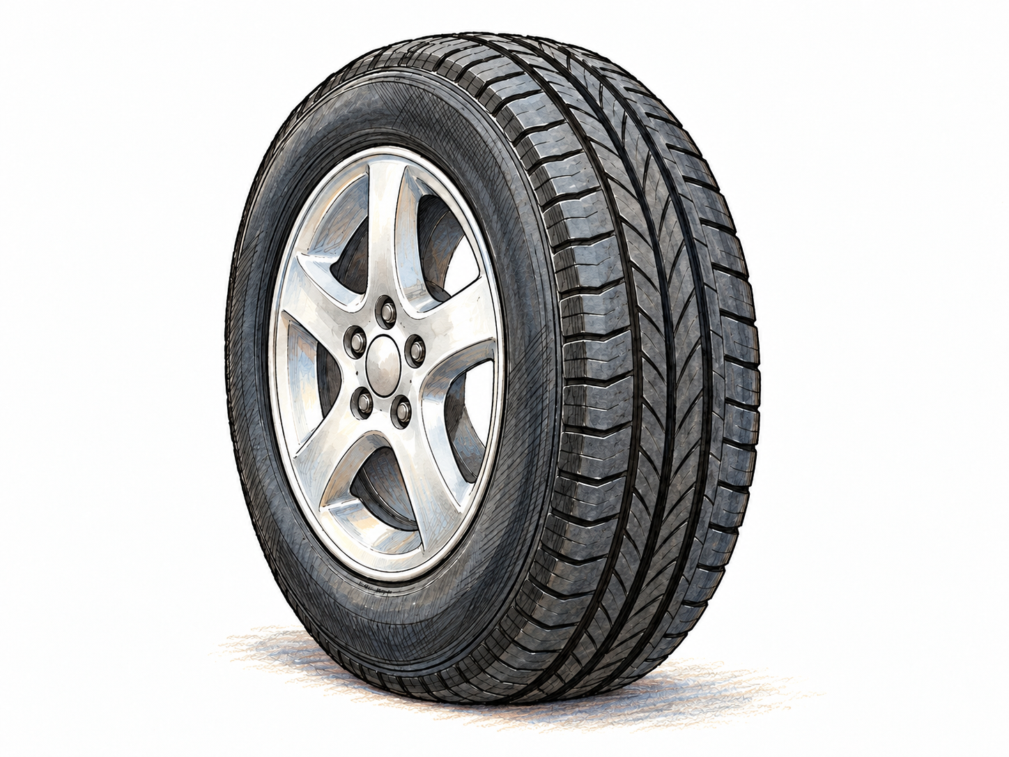 A single automobile wheel shown at a three-quarter angle, clearly distinguishing its thick black rubber tire and tread from the silver metal rim it surrounds.