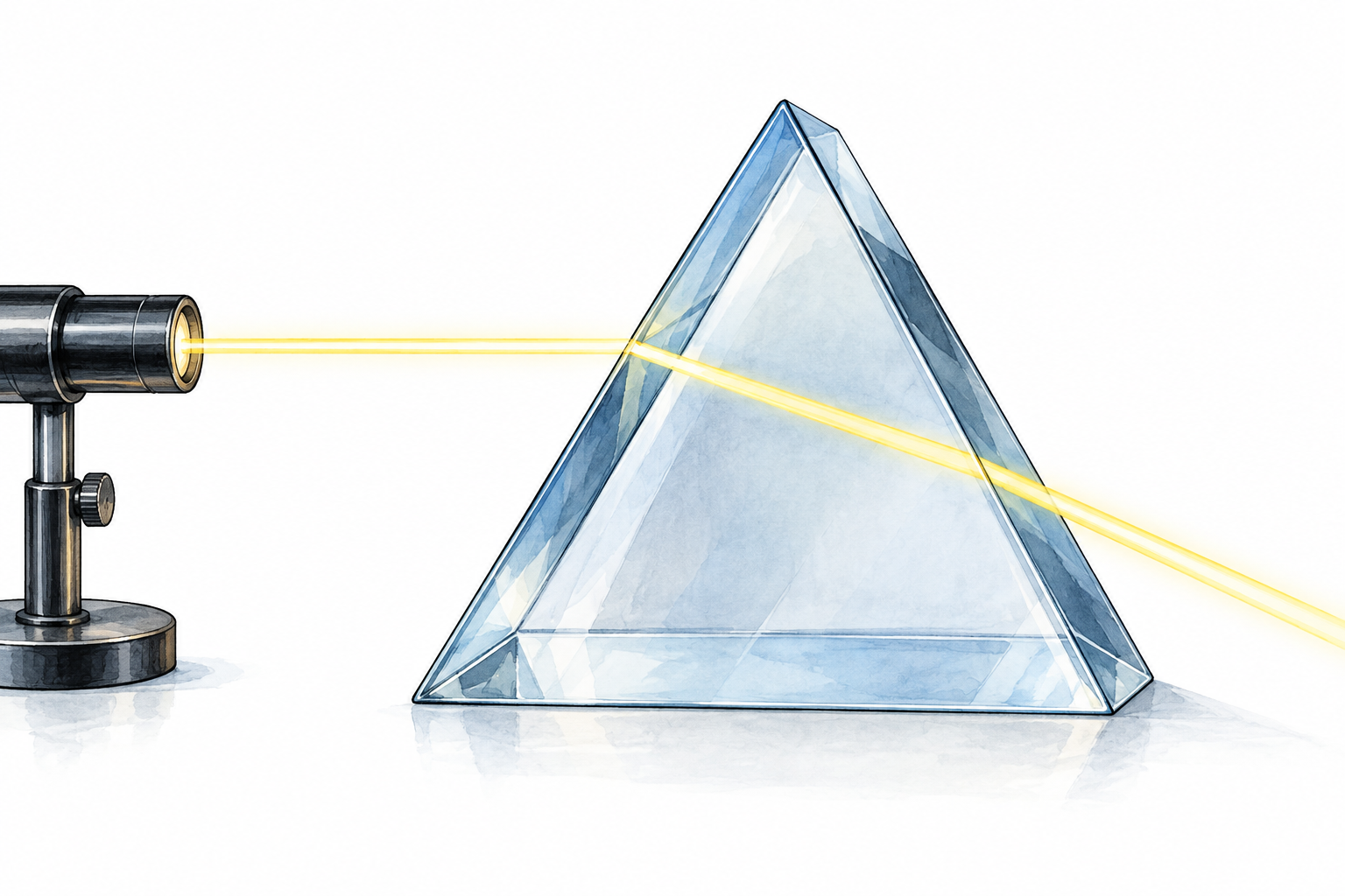 Narrow beam of light bends at boundary entering glass prism, clean optical educational illustration.
