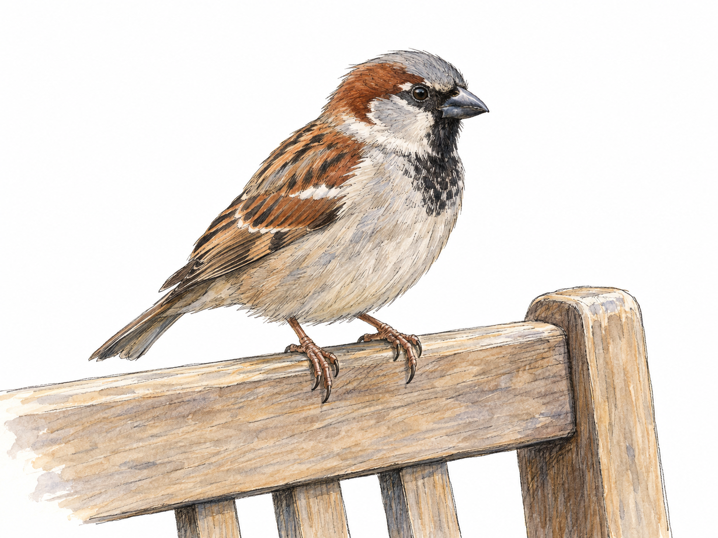 A recognizable male house sparrow perched on the back of a simple garden chair, showing its small size, brown streaked plumage, short conical bill, gray crown and black bib.