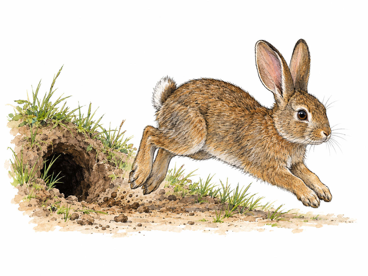 A small brown rabbit caught in a low hop beside its burrow entrance, with long upright ears, powerful hind legs and a short fluffy tail clearly visible.