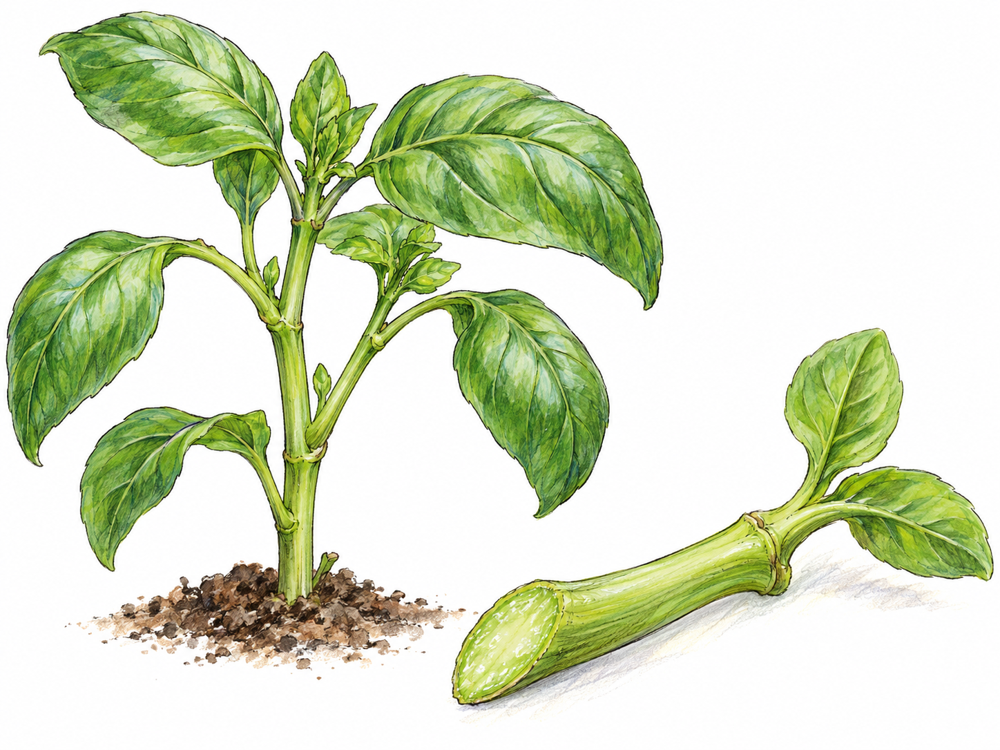A close, realistic view of a tender basil plant with green, nonwoody stems, accompanied by a freshly cut stem segment whose moist green interior and gently bent length make its soft structure visible.