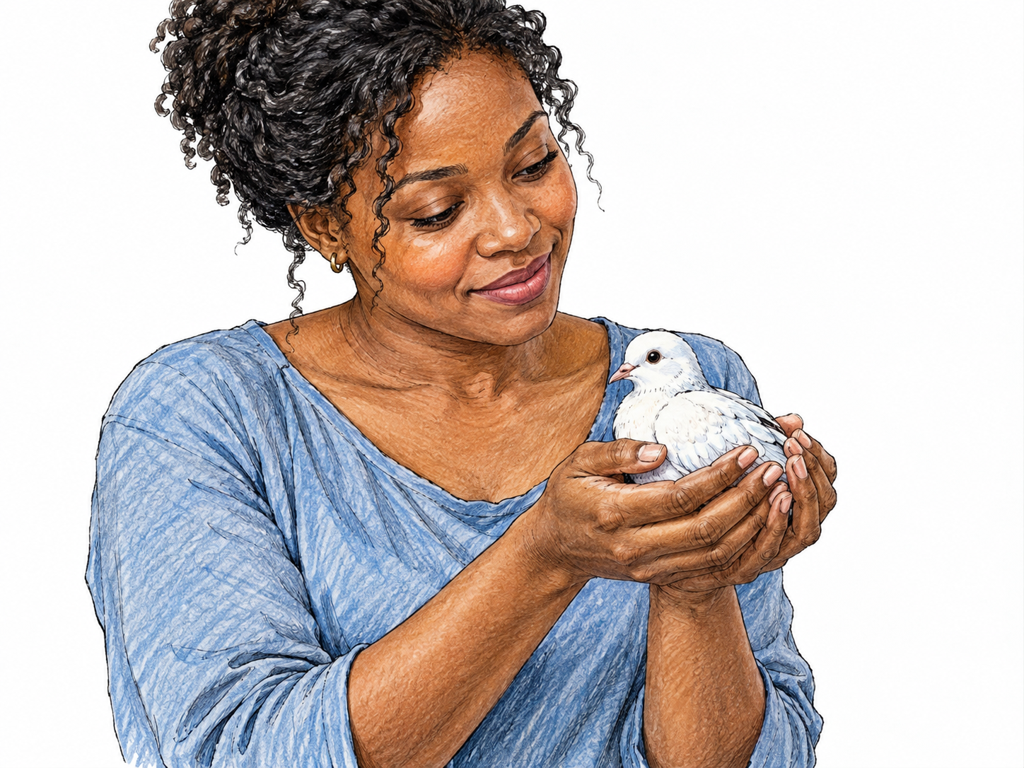 A calm woman tenderly cradles a rescued small dove in both hands, her gentle expression and careful pose suggesting exceptional kindness; no halo necessary, sparse setting.