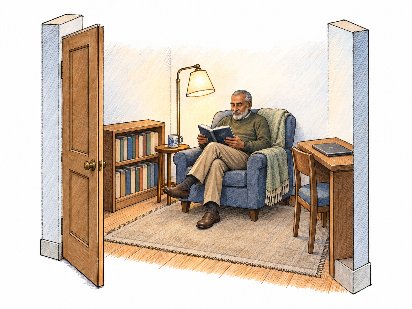 A compact home den seen through its open doorway: an older man relaxes in a cushioned armchair with a book, beside a small desk and a low bookcase.
