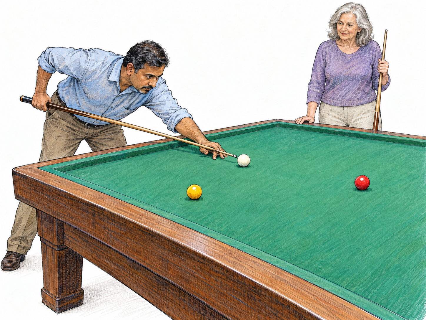 A player aims a wooden cue at the white ball on a green-cloth billiards table, while another player waits with her cue.