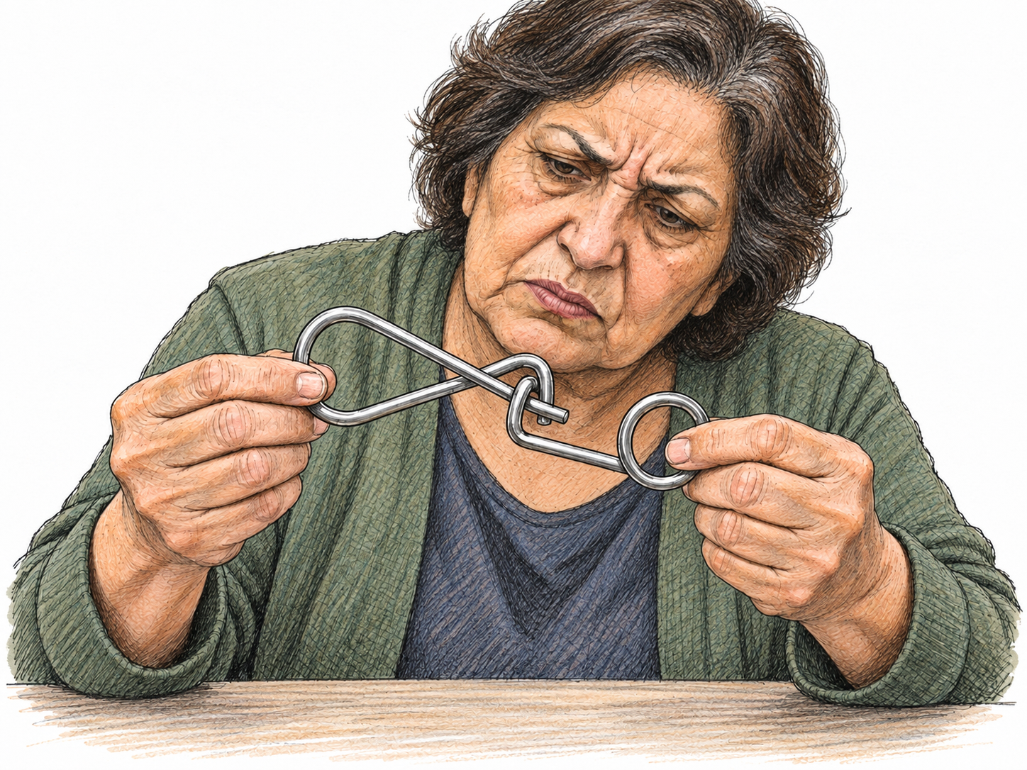 An older woman wrestles with a tricky metal disentanglement puzzle, carefully examining its interlocked loops with a deeply puzzled expression.