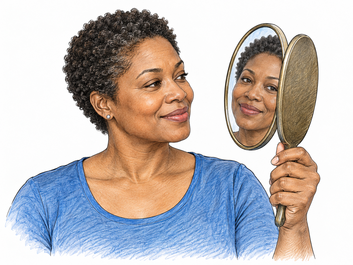 Woman holds oval mirror beside face; rear of mirror faces viewer partly, clear correctly oriented reflection visible, one real person and her reflection.