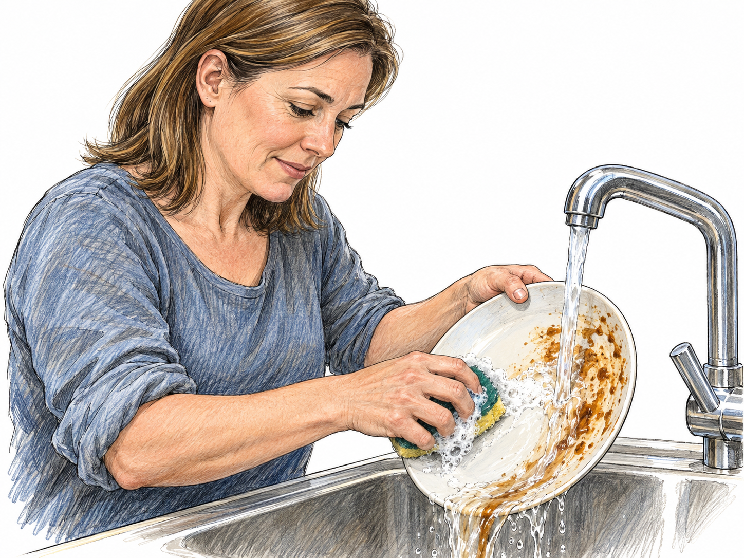 A woman washes a muddy plate under running tap water, visibly scrubbing away brown residue with a sponge above a sink.