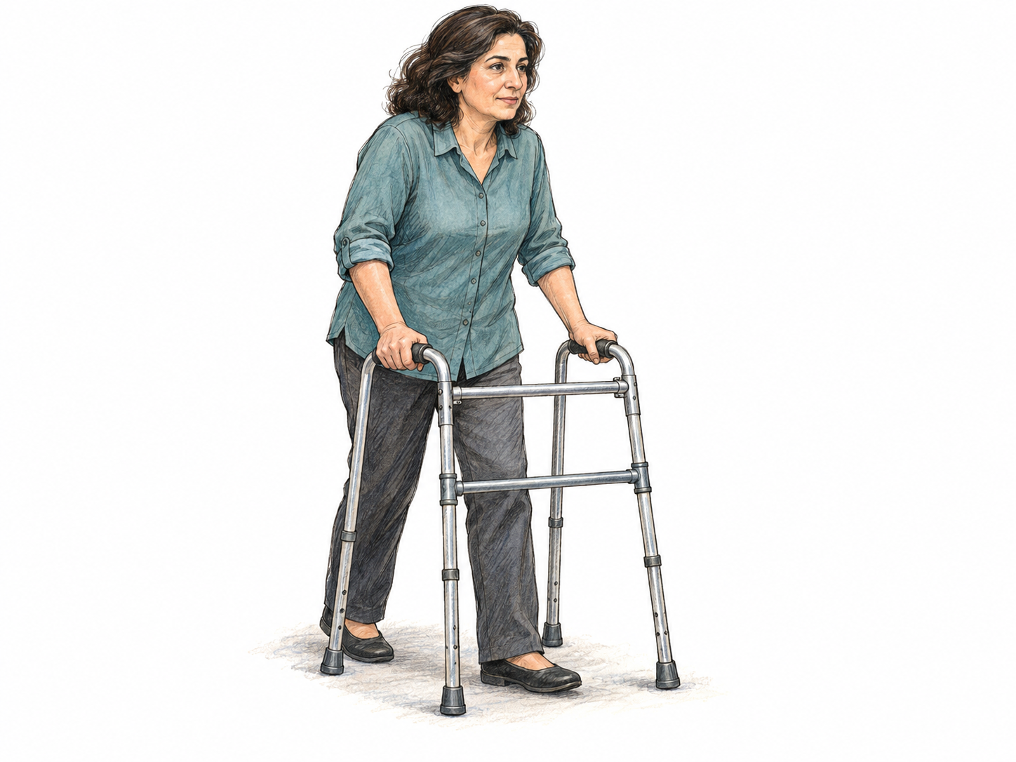 A middle-aged woman relies on a walker for support while taking a careful step, making reliance on something concrete and immediately visible.