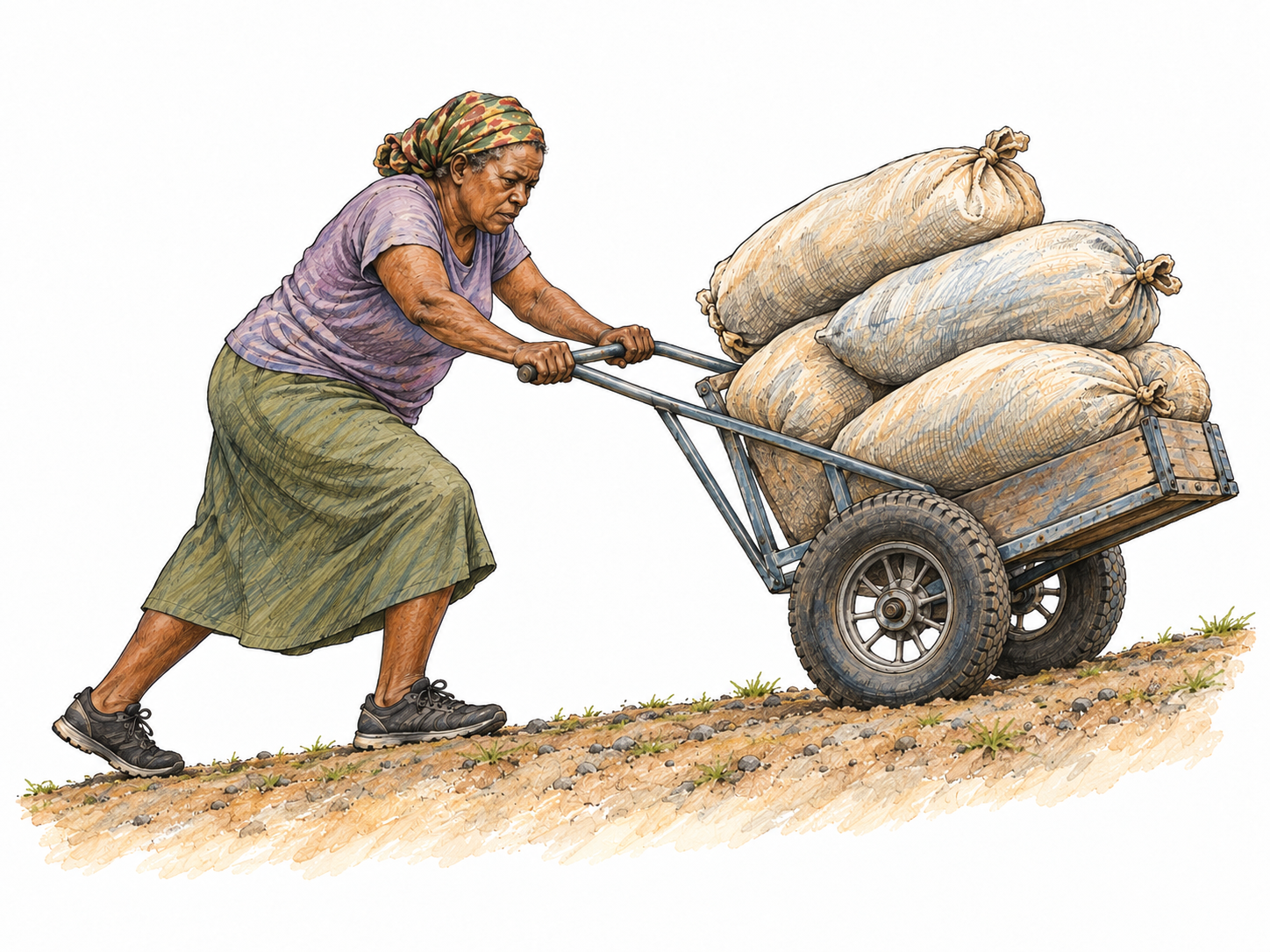An older woman labors to push a heavily loaded handcart up a short incline, making the burdensome effort unmistakable.