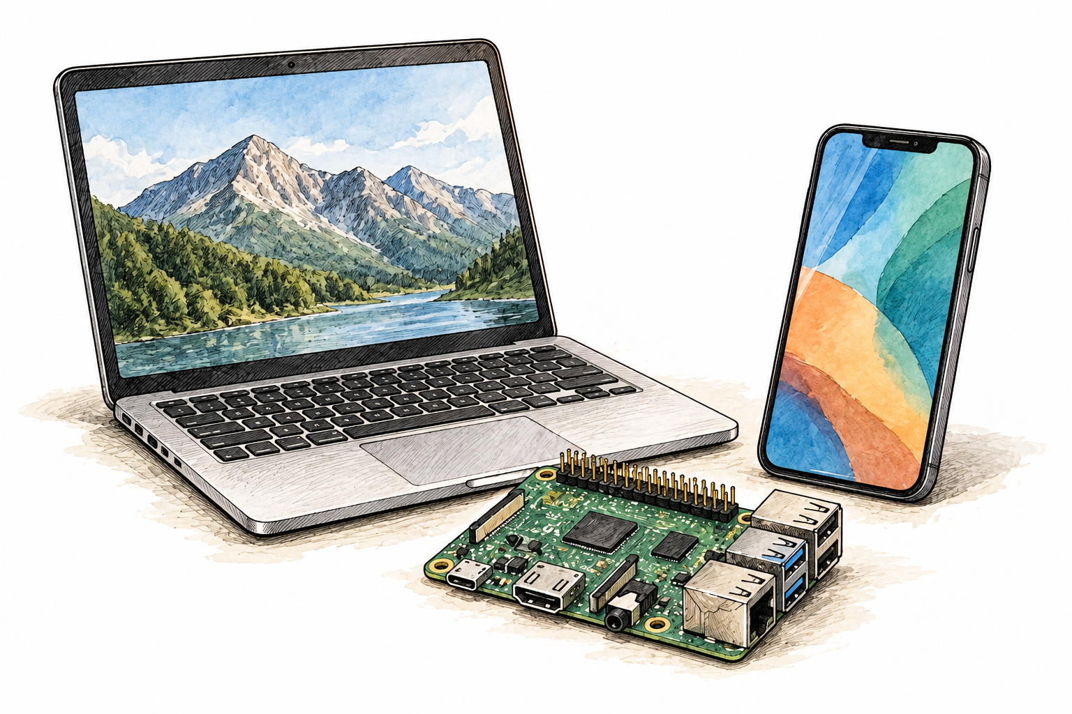 A compact spread of useful modern technology: laptop, circuit board and smartphone, all drawn in ink.