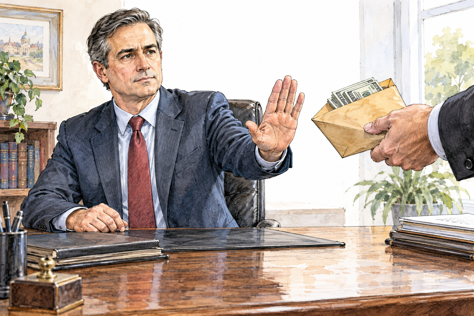 An honest official firmly pushes away an offered envelope of money with an open palm, maintains calm integrity, no text or logos.