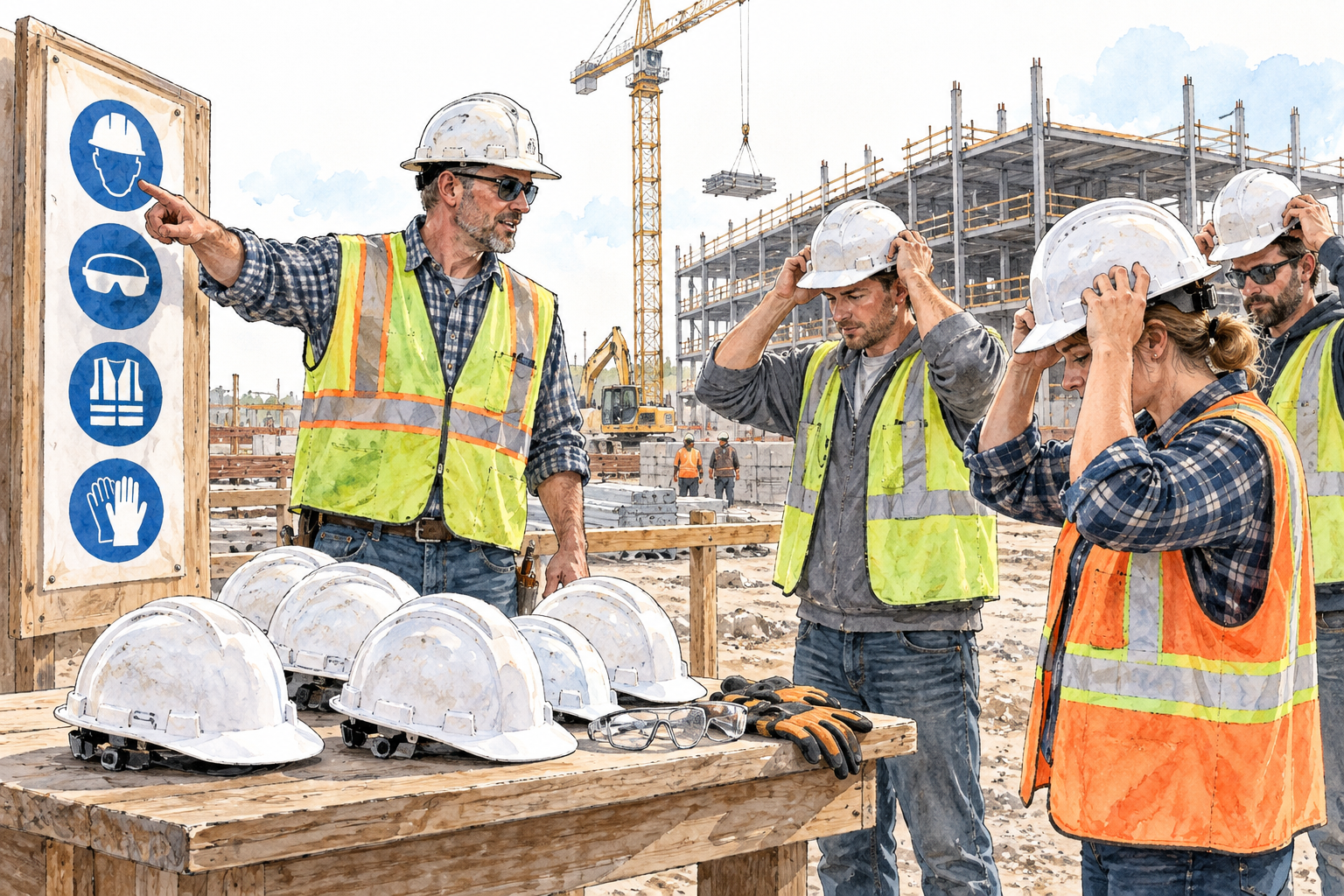 Workers must put on hard hats before entering a construction area, one supervisor indicates required protective equipment, no written sign.