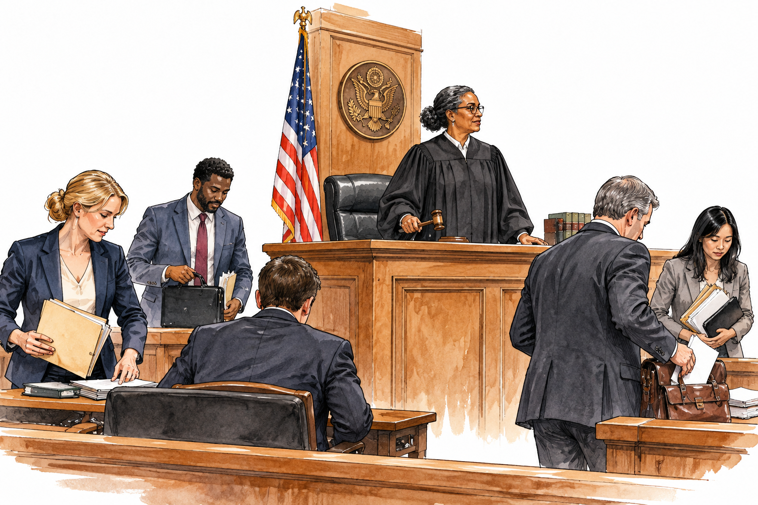 Judge closes session and rises as courtroom participants gather papers.