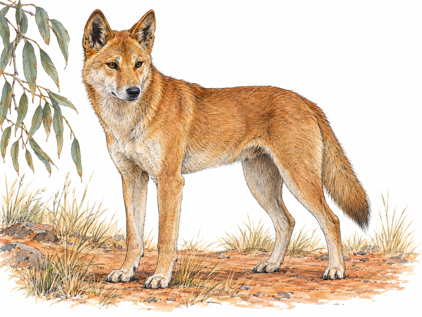 A single adult dingo standing alert in sparse Australian bushland, with characteristic sandy coat, erect ears, lean build and bushy tail clearly visible.