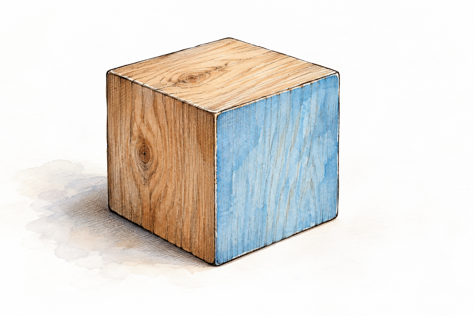 A wooden cube in three-quarter view with one side face highlighted soft blue, other surfaces natural wood, clear side of object, no labels.