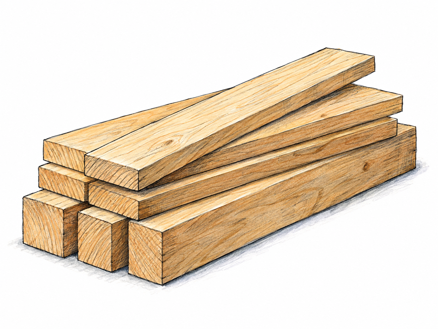A small, neatly stacked pile of sawn wooden boards and squared beams, with one board resting diagonally across the top to show its flat cut faces and straight edges.