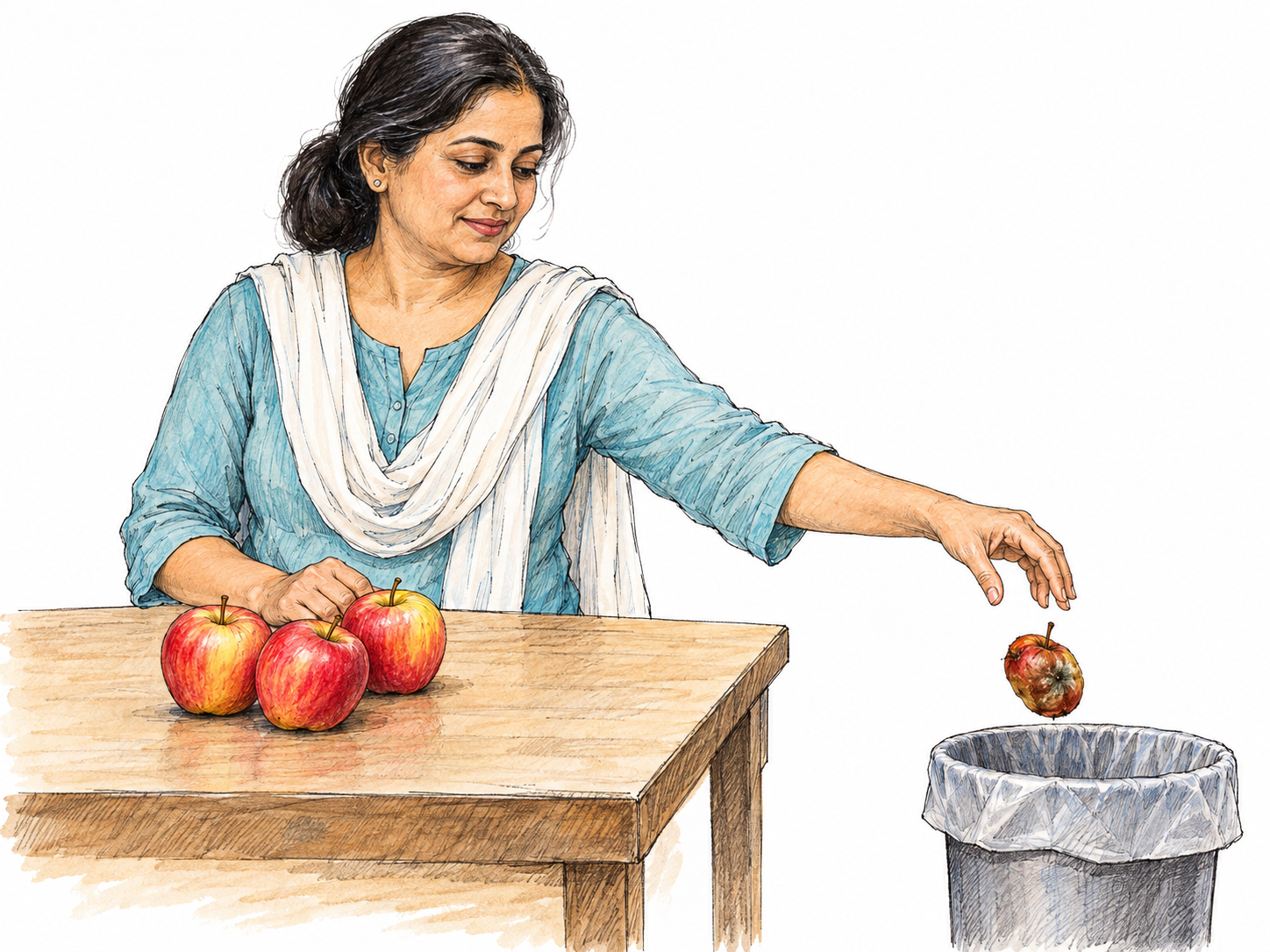 A woman removes a rotten apple from a small group of fresh apples and drops it into a waste bin, making the act of getting rid of something unmistakable.