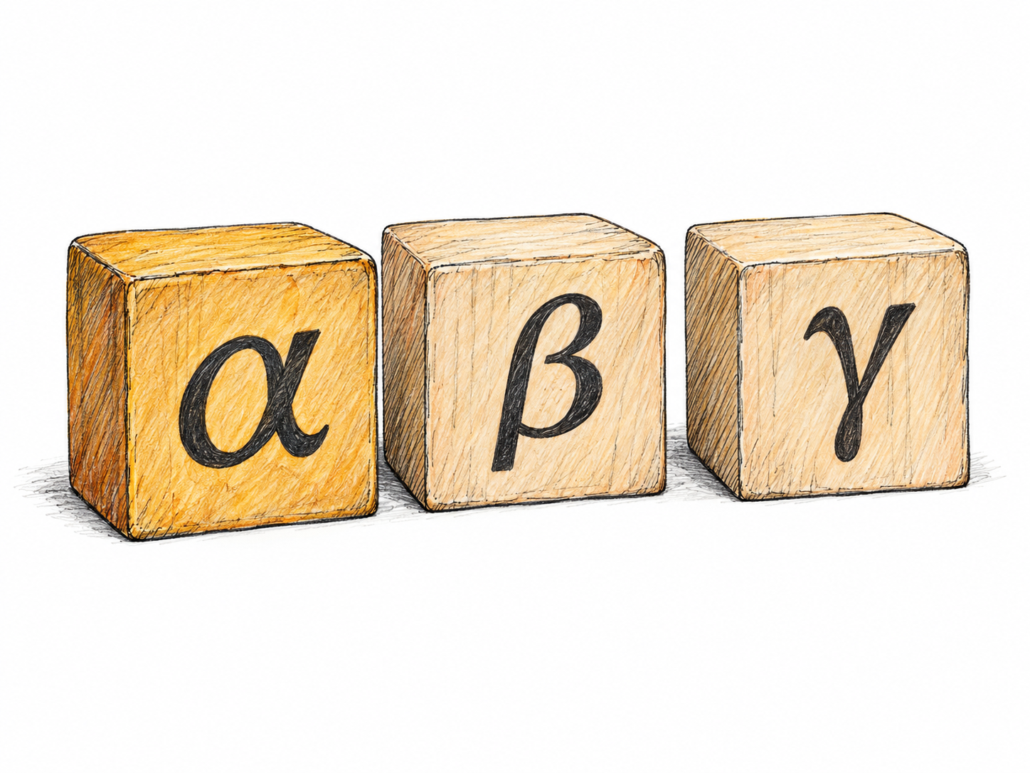 Three upright alphabet tiles arranged in reading order, bearing α, β and γ.