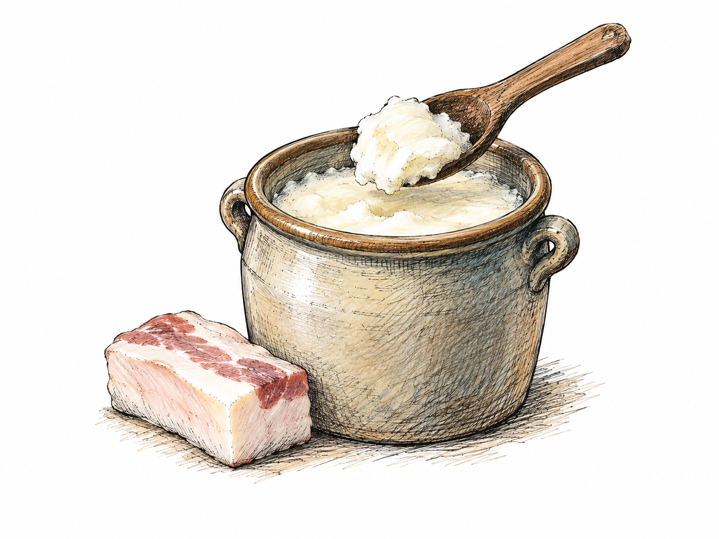 A plain crock holds opaque white rendered pork fat with a wooden spoon lifting a soft scoop, a small piece of pork fat rests separately to identify the source.