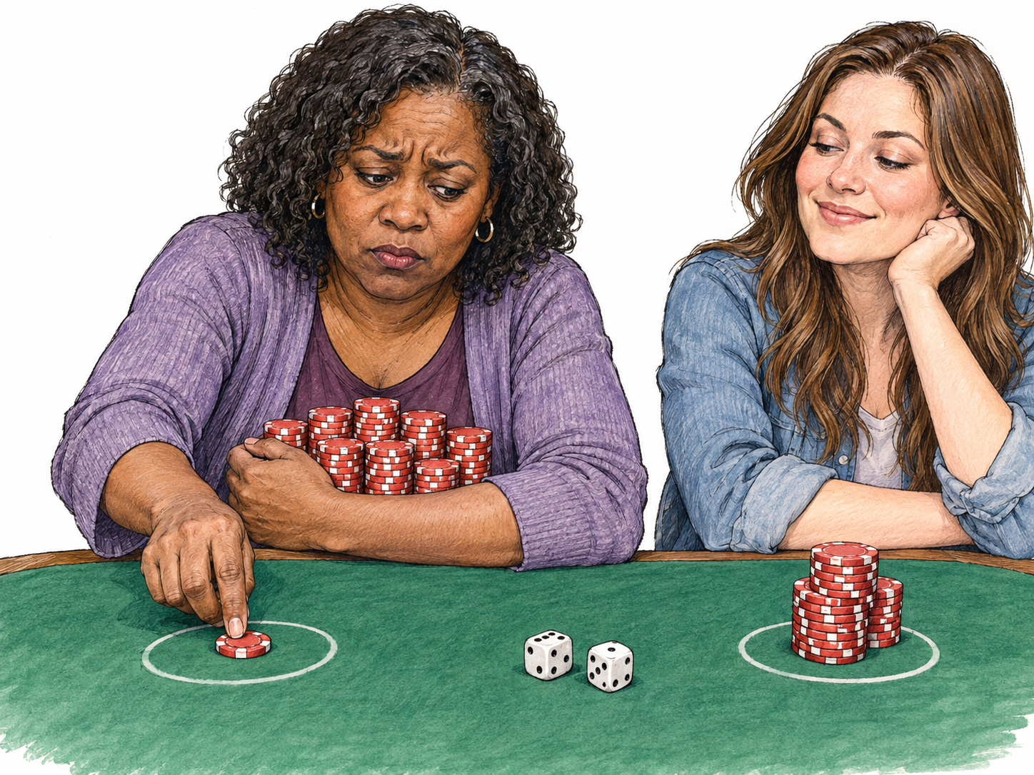 At a small gambling table, a guarded player places a single low-value chip into the betting area while keeping a large reserve tucked protectively against herself; the other player's substantially larger wager makes her extreme caution visible.