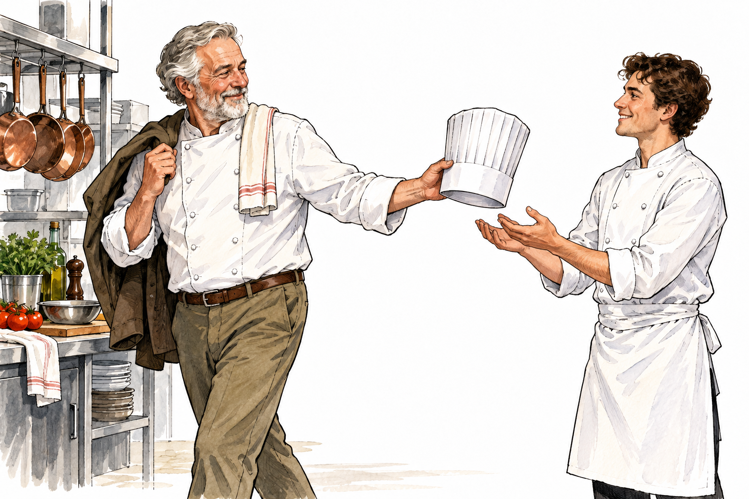 An older retired chef hands a chef's hat to the new chef while stepping away in everyday clothes, former role clear.