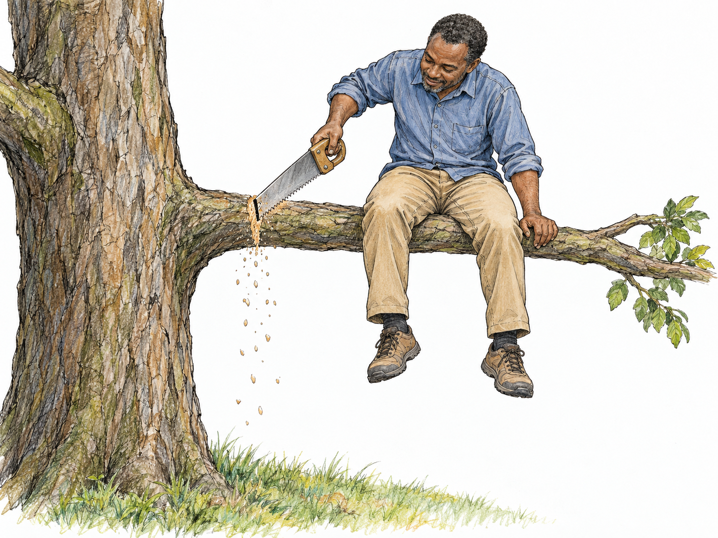 A man foolishly saws through the very tree branch supporting him, cutting between his seat and the trunk.