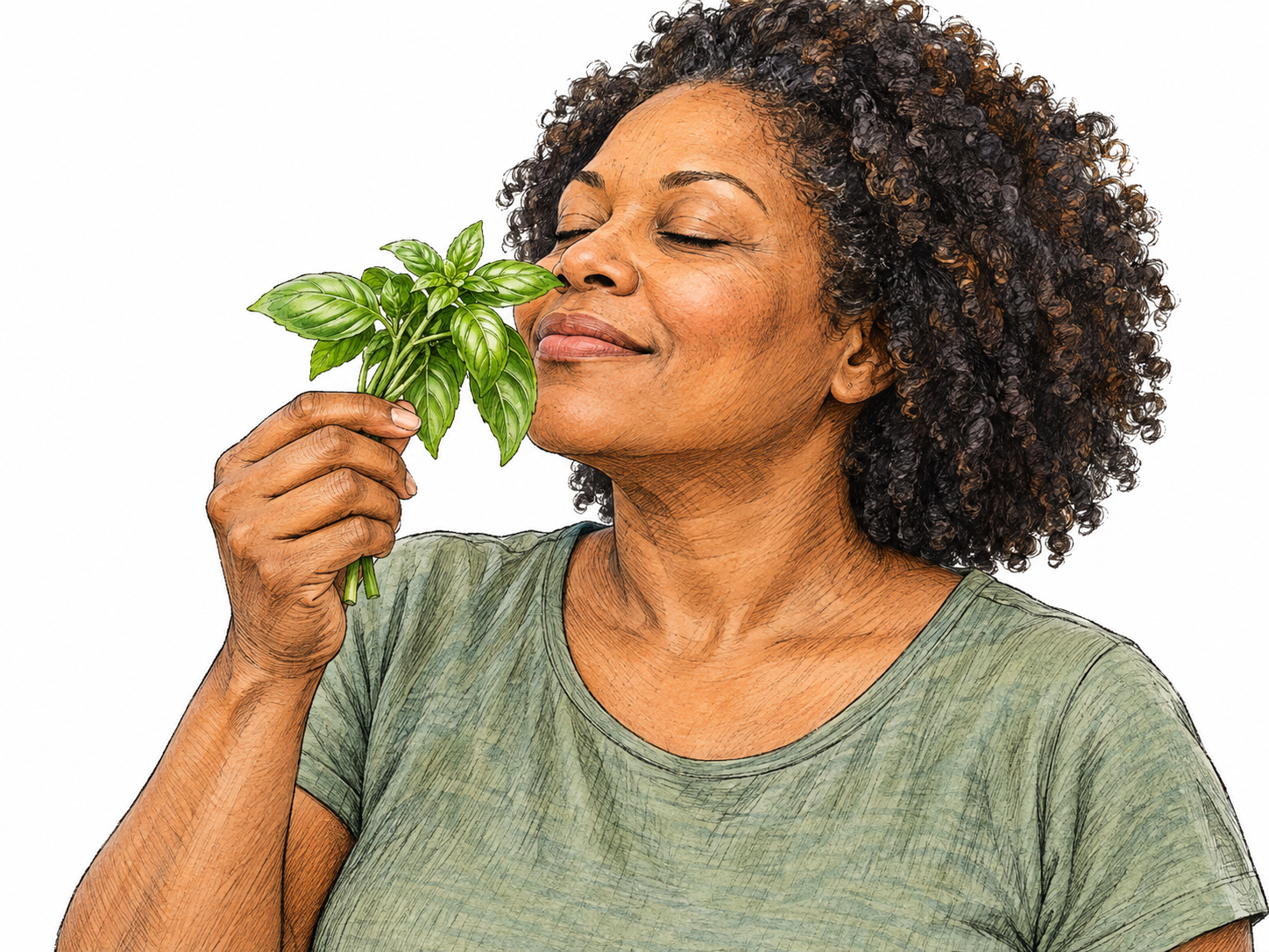 A woman lifts a small bunch of fresh basil beneath her nose and inhales with closed eyes and a gentle, pleased smile, visibly enjoying its fragrance.