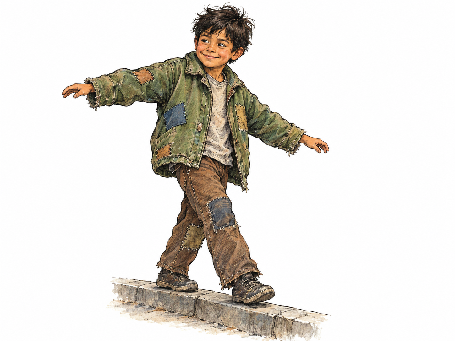 A ragged child with a cheeky grin, fully clothed in visibly worn, patched everyday clothes, confidently balancing on a low curb.