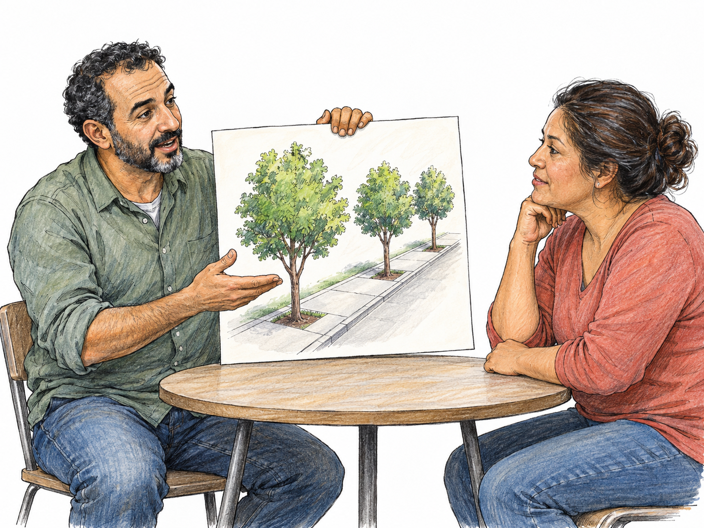 A community advocate presents a simple proposal for planting neighborhood trees to an attentive resident, openly endorsing the idea with a welcoming gesture toward the illustrated plan.