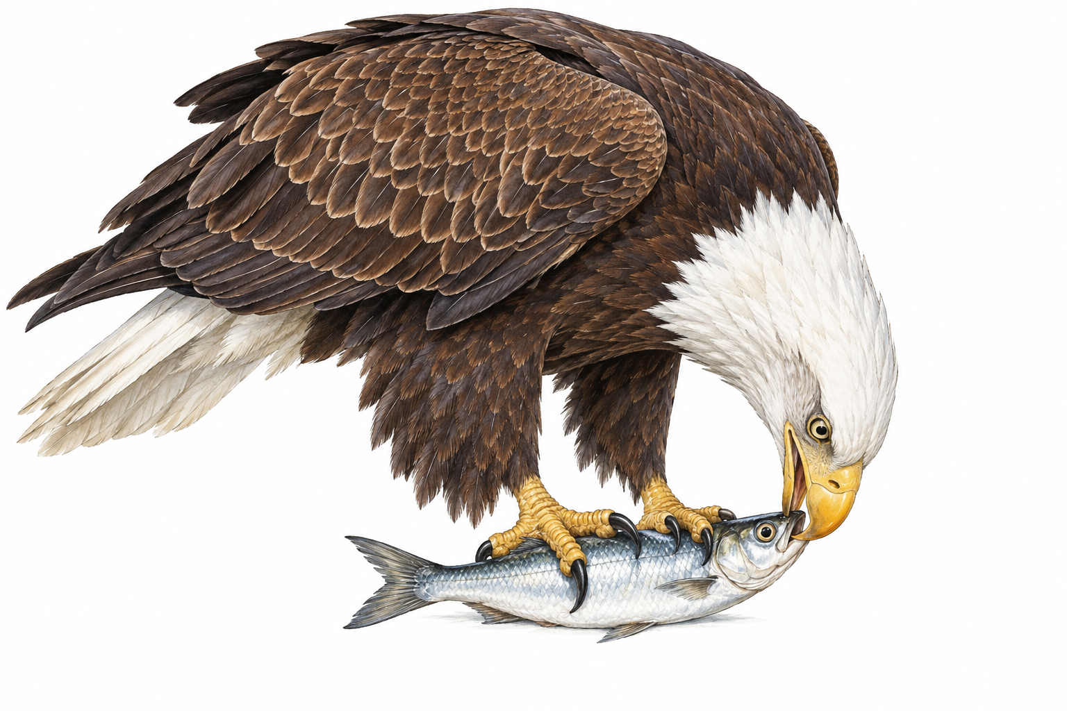 An eagle feeds on a small intact fish, illustrating a meat-eating animal without graphic injury.