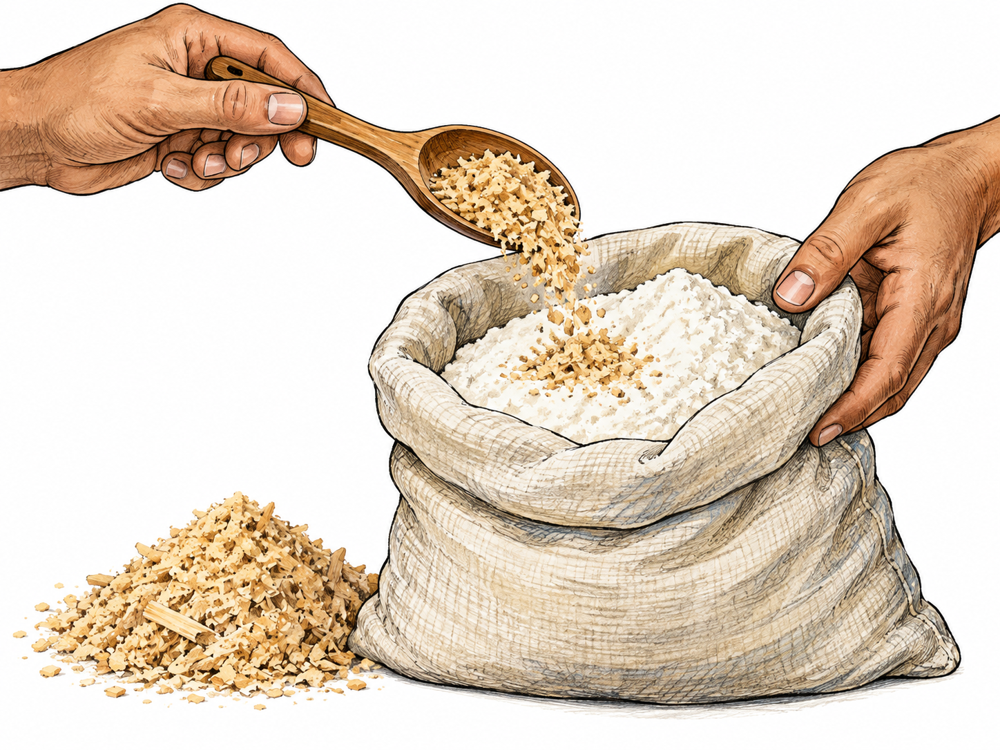 A small pile of pale sawdust beside flour, with a spoon of sawdust tipped into a flour sack to show an improper added substance.