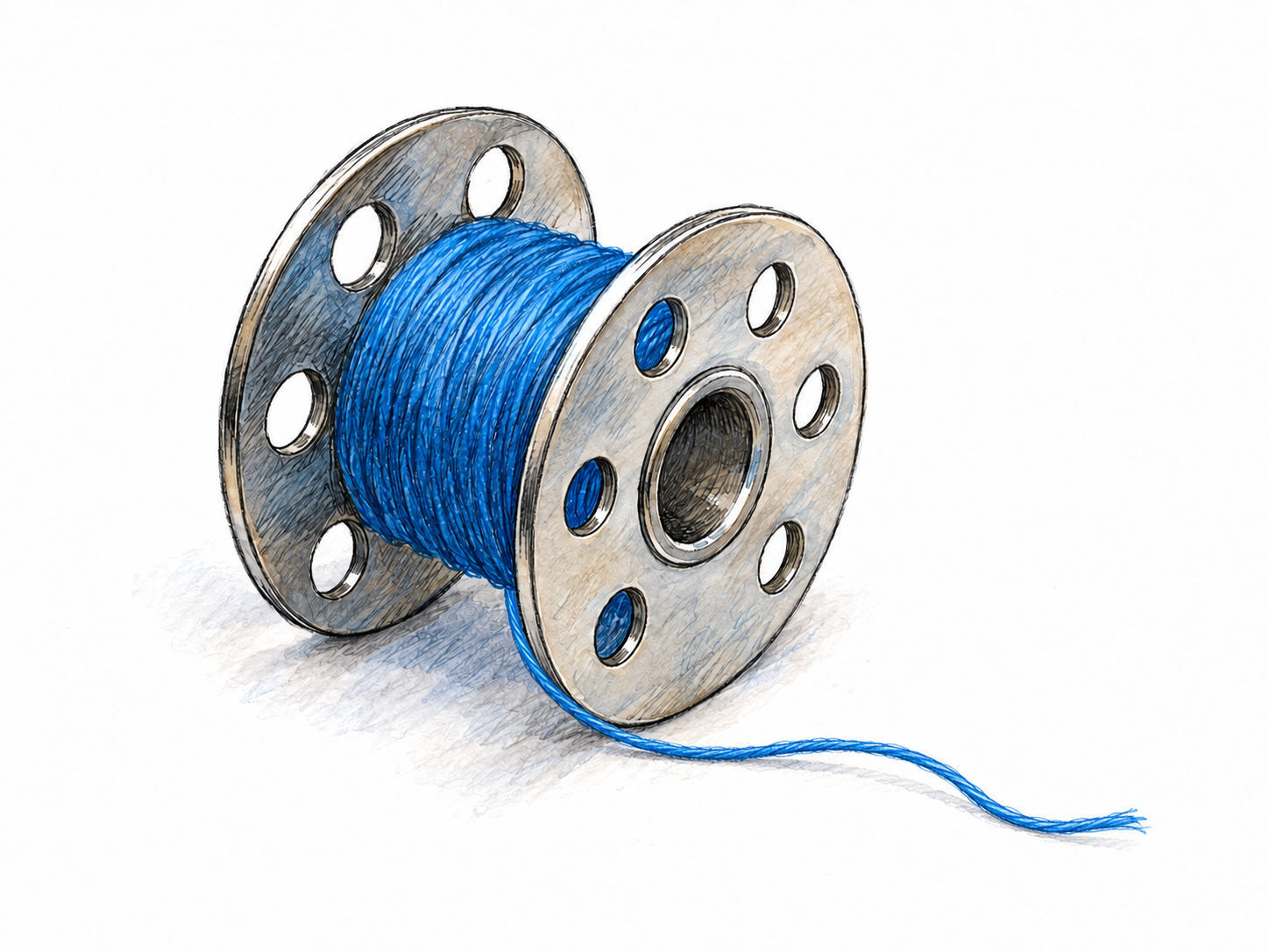A close-up of a small sewing-machine bobbin wound with blue thread, its two circular flanges and central axle hole clearly visible, with a short loose thread tail curling onto the white surface.