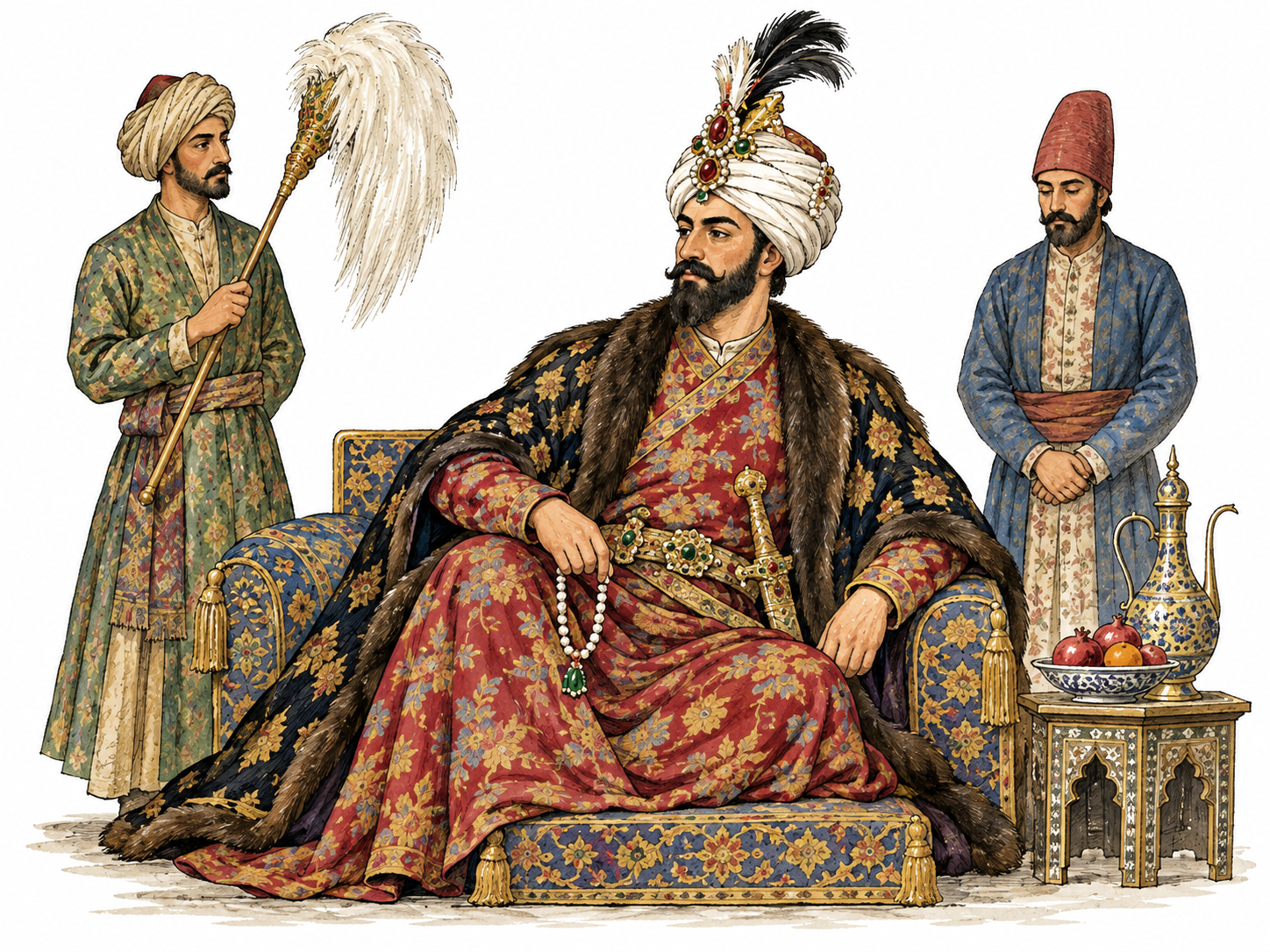 A dignified Persian shah seated in historically plausible seventeenth-century Safavid court clothing and jeweled turban, royal attendants unobtrusive; no European crown or fantasy armor.