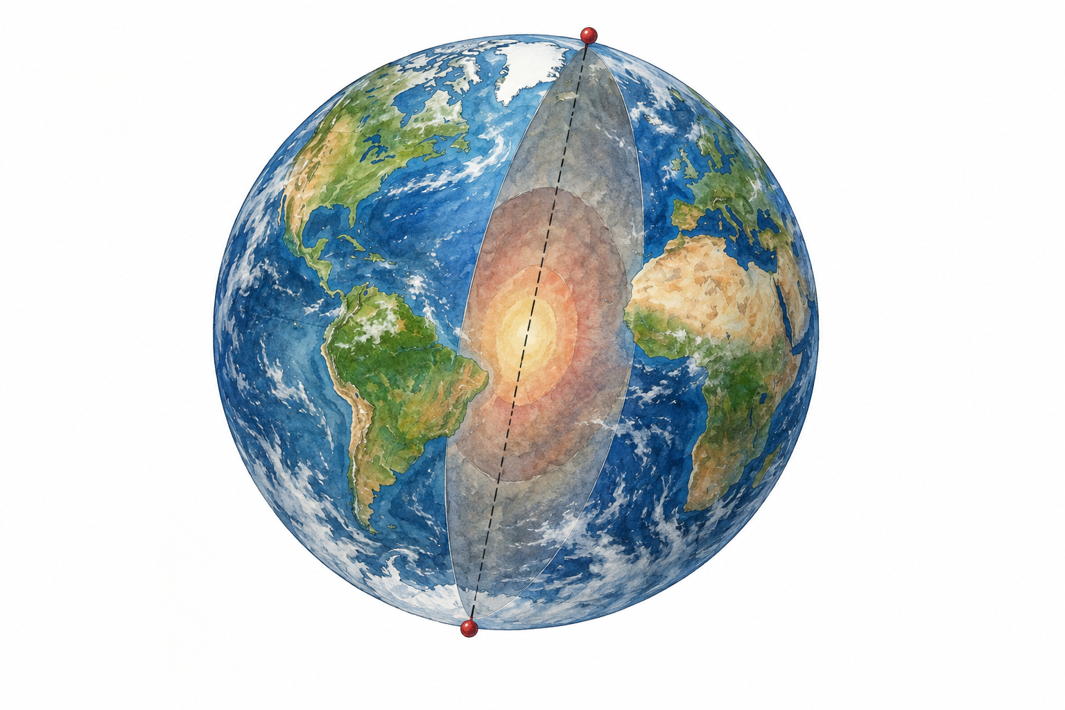 Earth as a hand-painted globe floating against generous white space, two small vivid red pins mark exactly opposite points on its surface, joined by a straight thin dashed diameter passing through the center of the globe, with a subtle translucent cutaway allowing the far pin and line visible.