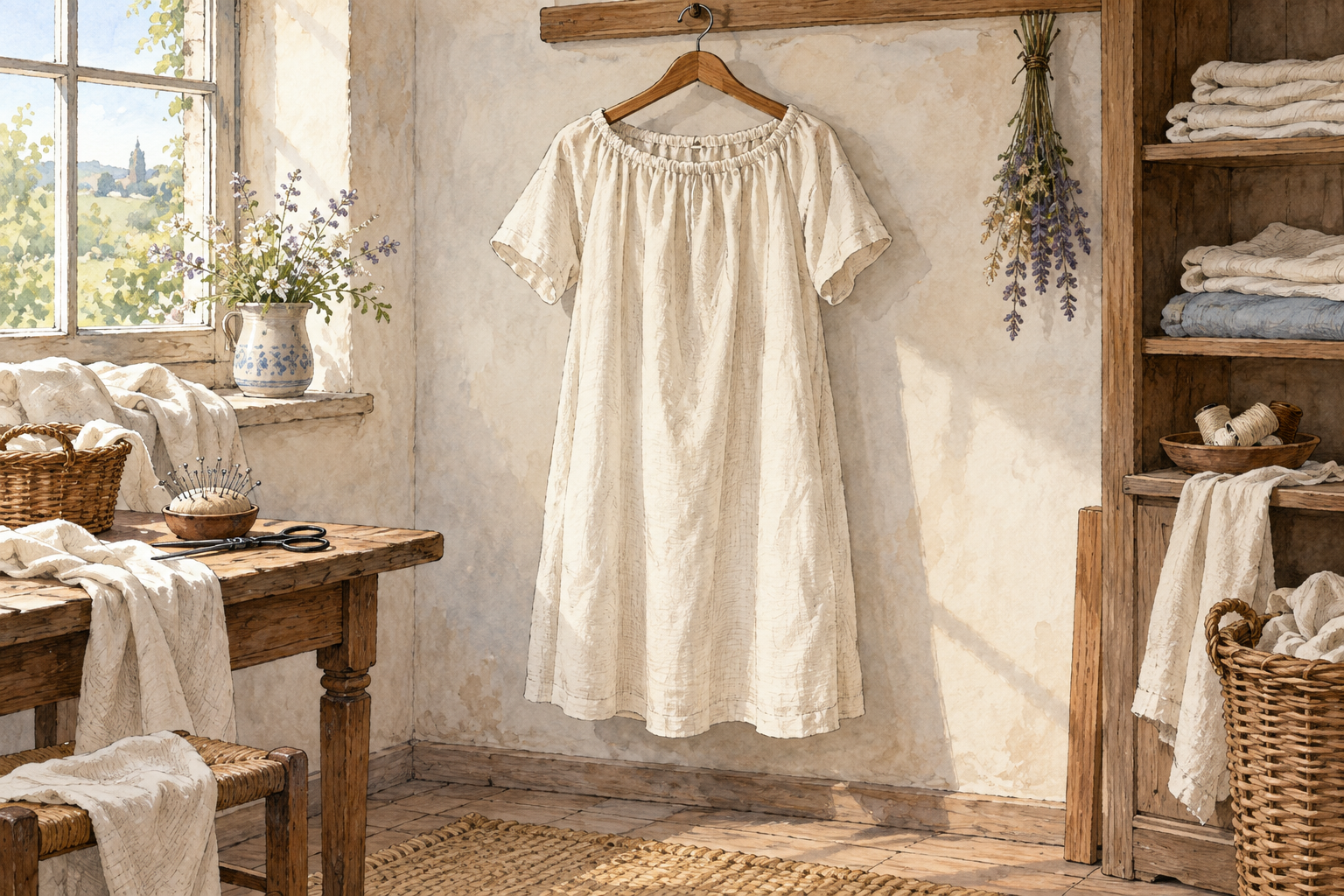 A simple loose-fitting knee-length ivory linen chemise displayed on a wooden hanger in a quiet sewing room, garment-only still life showing its straight flowing unwaisted silhouette, modest gathered neckline and short loose sleeves.