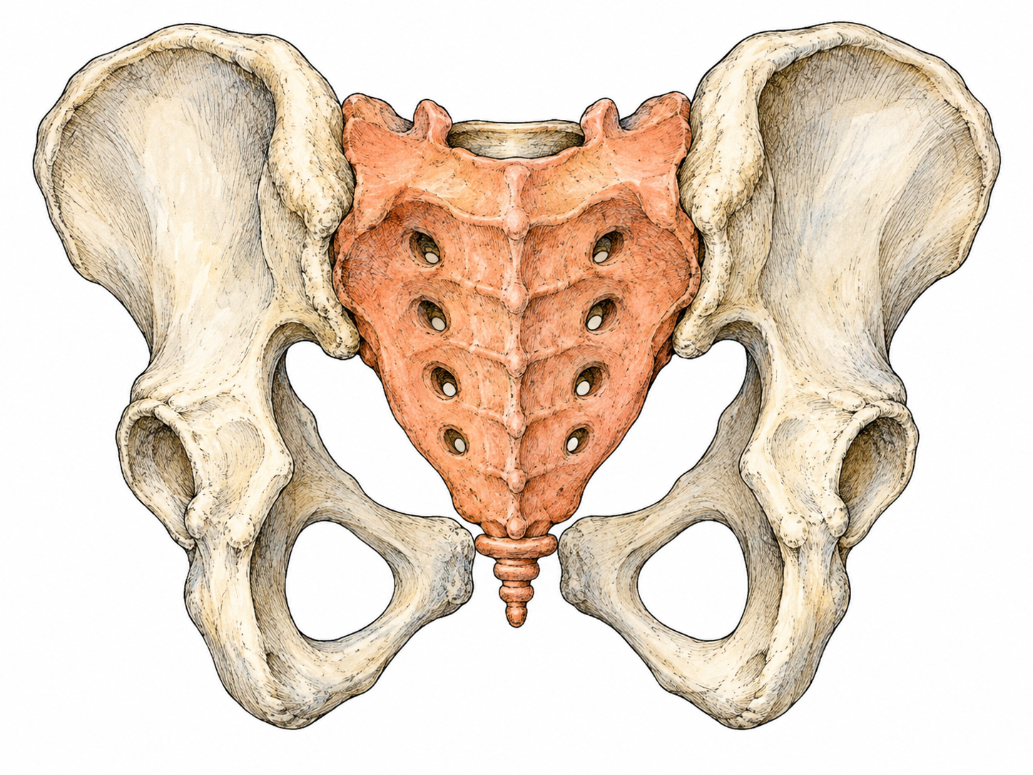 Accurate posterior anatomical pelvis with triangular sacrum centrally highlighted in muted coral between two pale ivory hip bones; five fused segments, paired foramina and coccyx below; no labels, no detached floating spine.