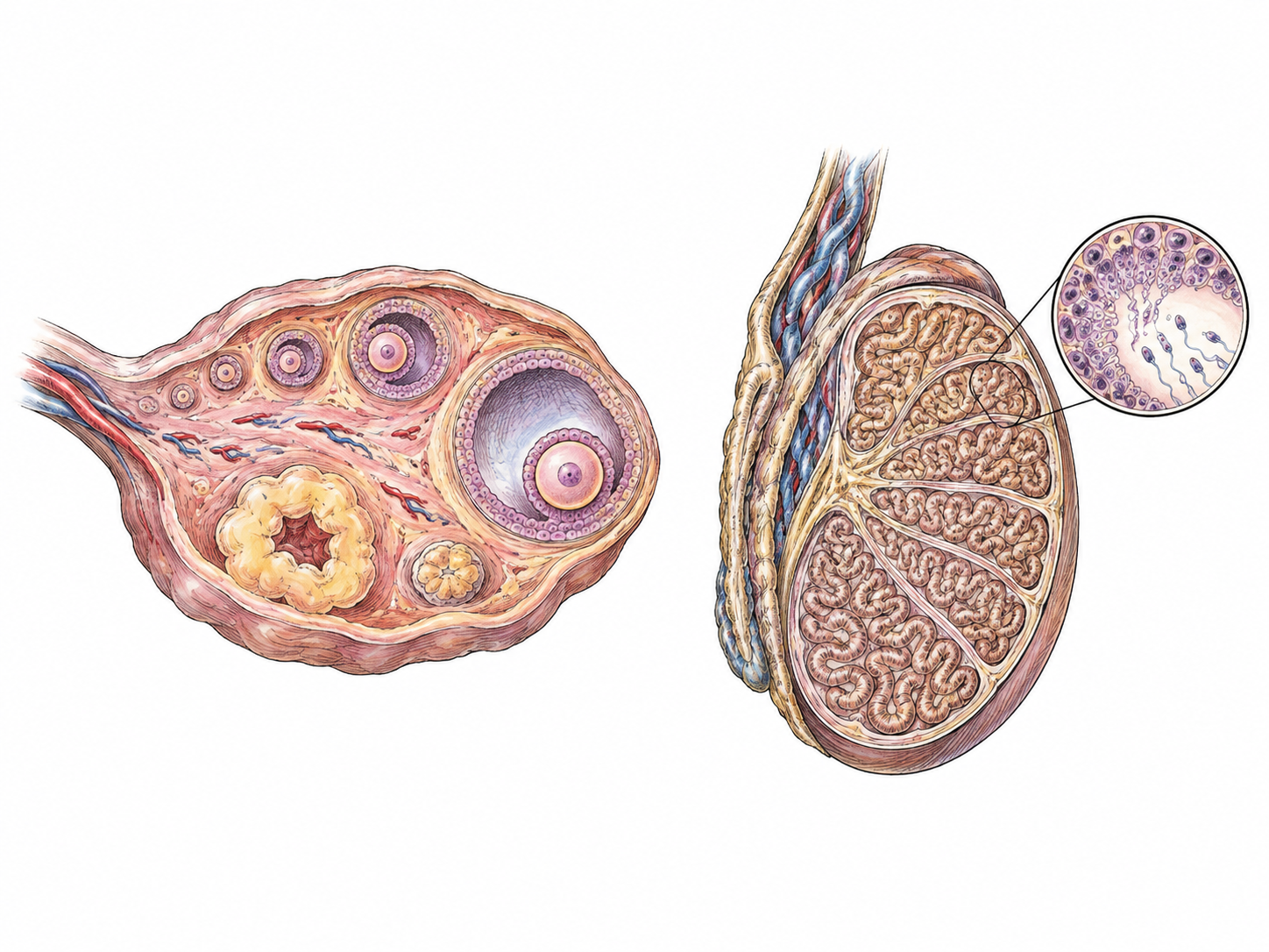 Two isolated non-graphic anatomical cutaway vignettes: an ovary with follicles containing egg cells; a testis with coiled seminiferous tubules and tiny sperm-cell inset.