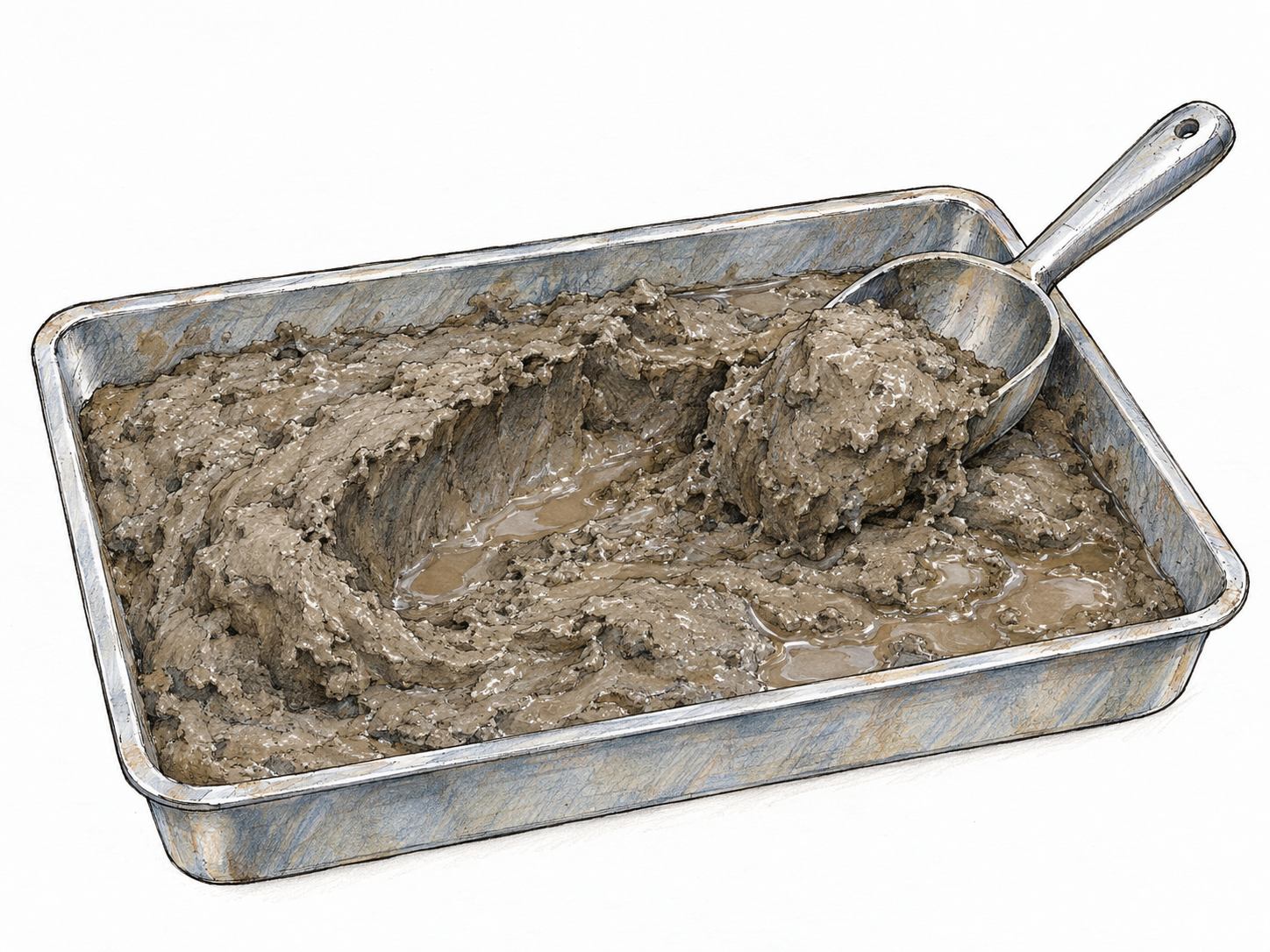 A shallow, unmarked metal tray holds thick gray-brown sludge, with a small scoop resting in it and a heavy mound of wet mud clinging to the scoop.