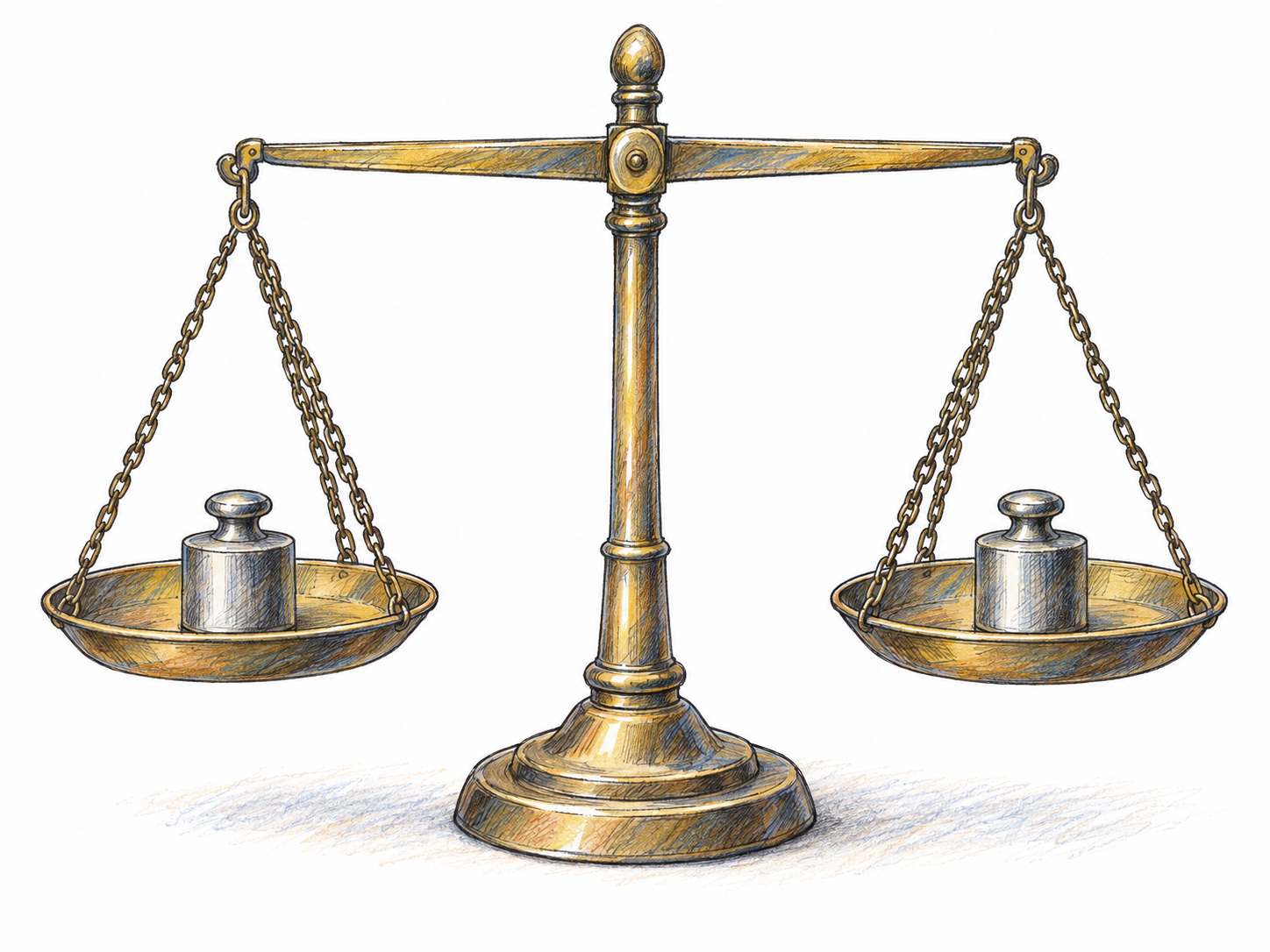 A freestanding equal-arm balance scale at rest, with a perfectly horizontal beam and identical metal weights in its two suspended pans, showing a stable balance of opposing torques.