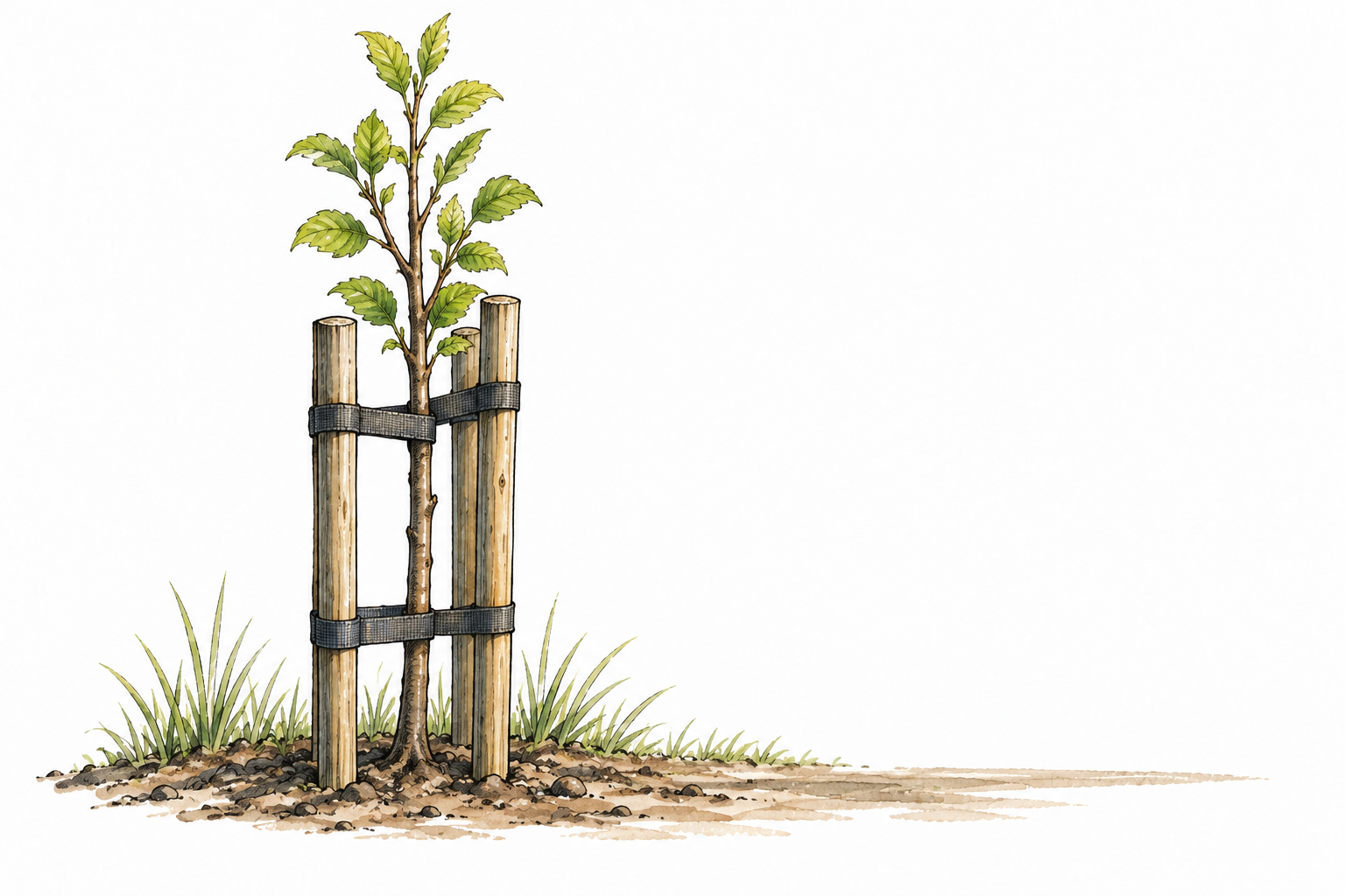 Young tree's growth is physically limited by a narrow protective frame and ties, restriction within bounds clearly shown.