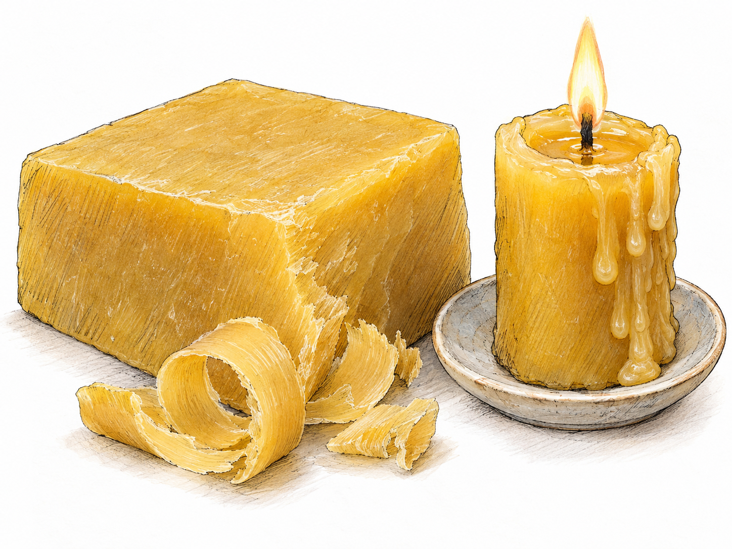 A pale golden beeswax block with soft curled shavings beside a partly burned beeswax candle, whose thick cooled drips and small molten pool make the material recognizable.