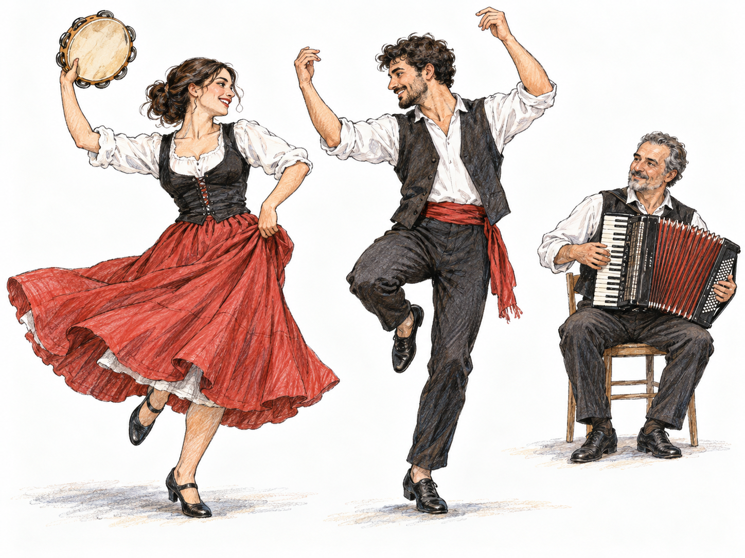 A recognizable tarantella performance illustrating the frozen meaning, 'a fast Italian folk dance in triple time': a southern Italian dance pair performing buoyant facing steps with a swinging full skirt and raised tambourine, accompanied by an accordion player.