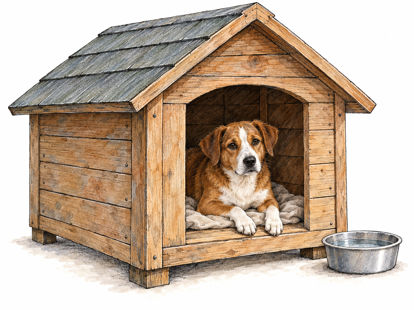 A wooden dog shelter with a pitched roof and a large open doorway, with a dog resting partly inside on bedding, making its shelter function immediately visible.
