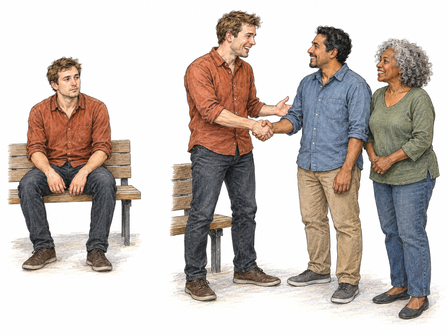 A compact two-moment comparison shows the same young man subdued while sitting alone, then visibly enlivened as he eagerly joins two companions.
