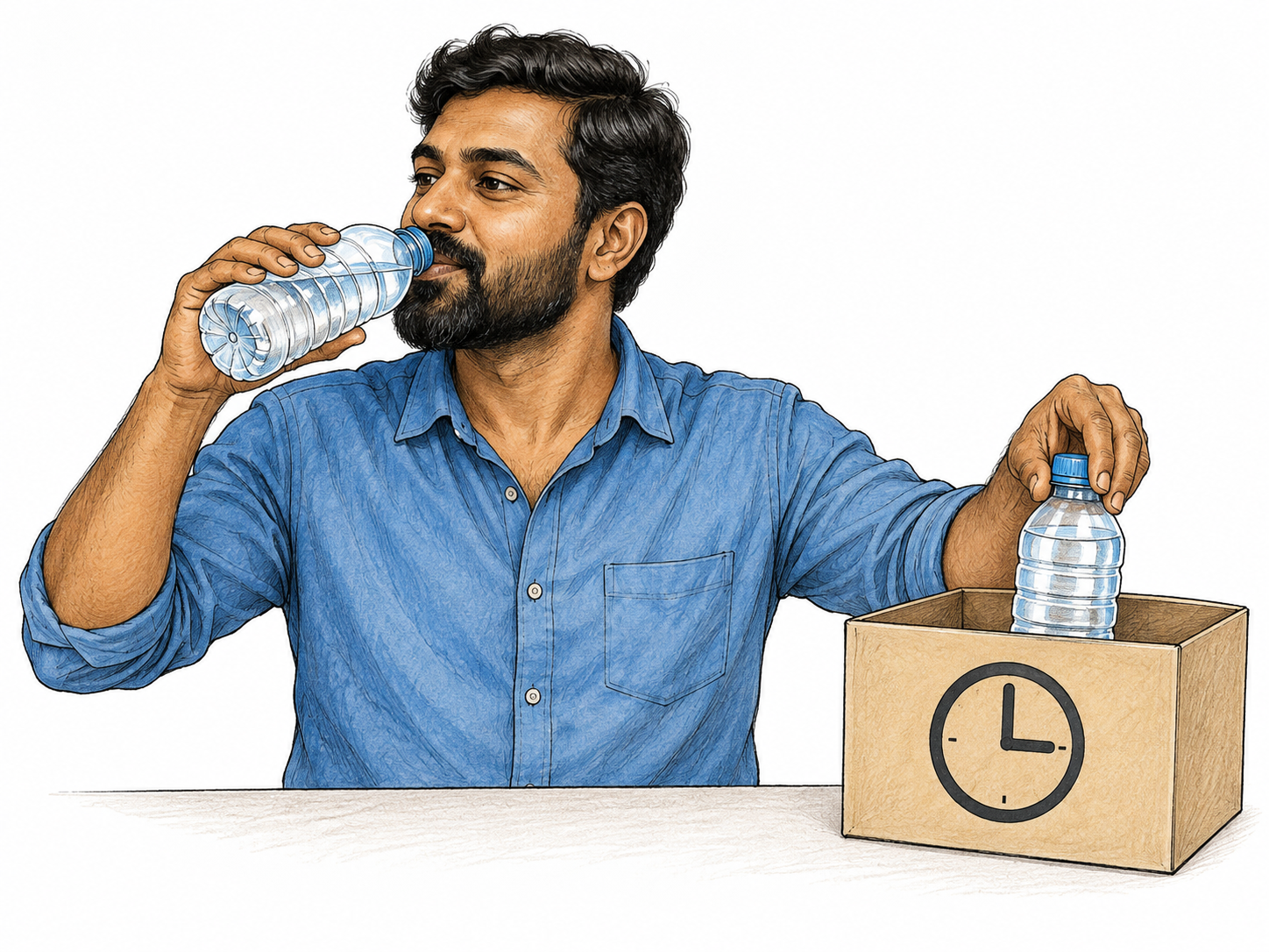 Man sets one filled water bottle aside in small marked clock-icon storage box while using another, visibly keeping portion for later; no words or interior background.
