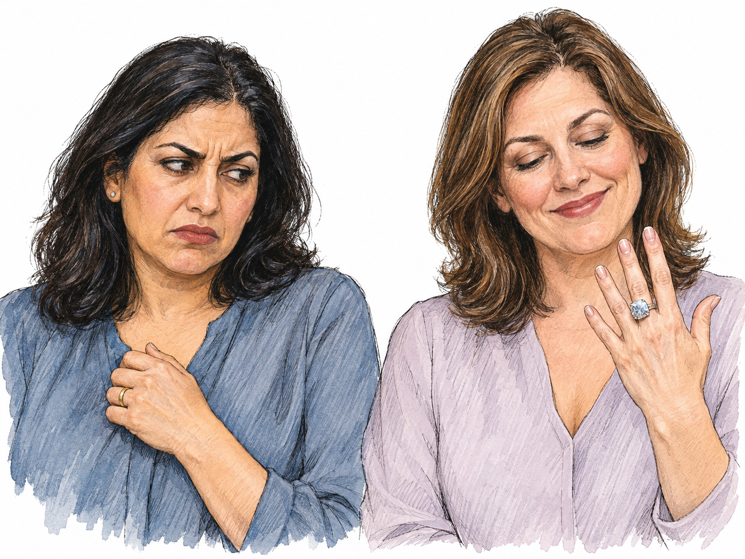 Two women compare rings: a woman with a small plain ring looks resentfully at the much larger gemstone ring worn by her pleased companion, hiding her own ring against her palm.