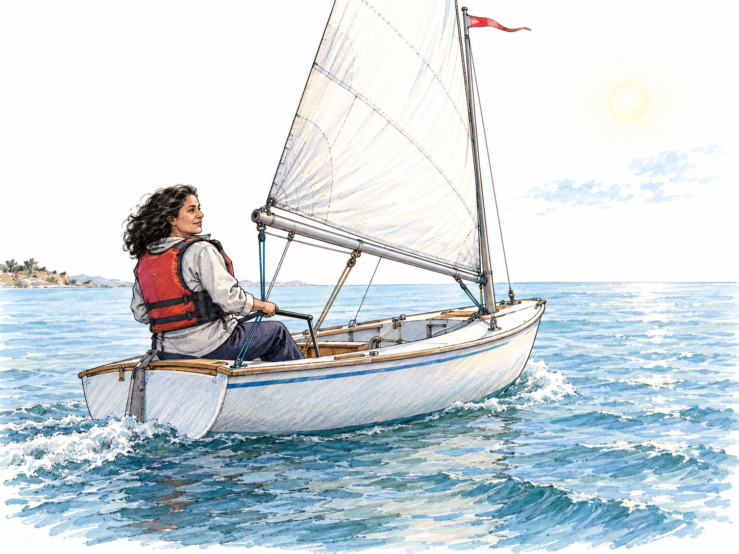 A small sailboat benefits from favorable sailing conditions: a steady following breeze fills its sail, calm water offers an unobstructed route, and clear weather lies ahead.